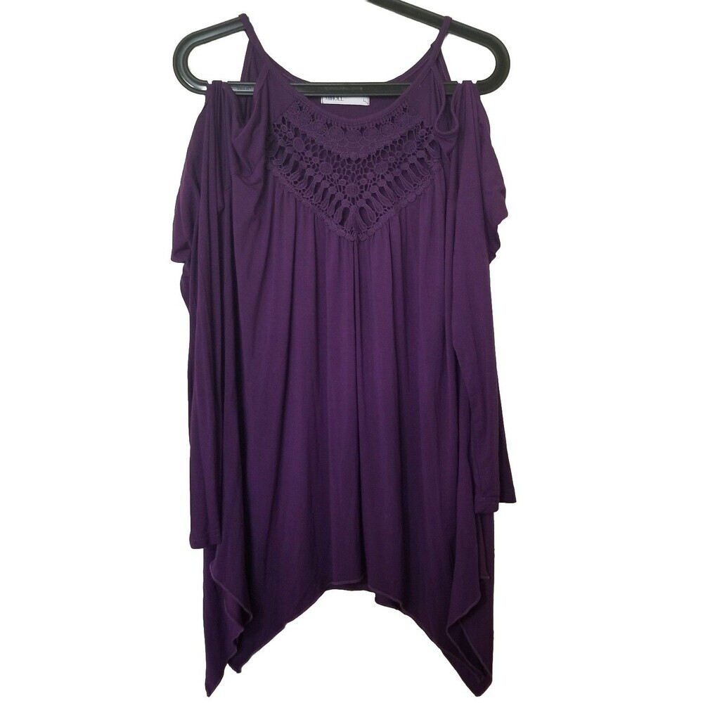 089) Miholl Womens Blouse Purple Long Sleeve Cold Shoulder Kerchief Hem  L